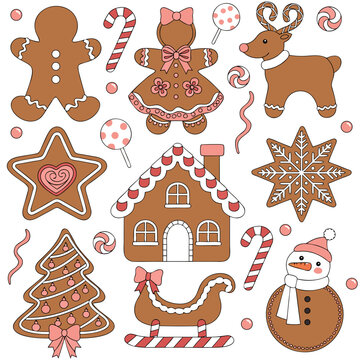 Gingerbread Characters Scattered Cluster Flat Vector Illustration Festive Christmas Holiday Elements Set with Gingerbread Man Woman House and Reindeer Cookies Isolated Collection for Marketing and Pac