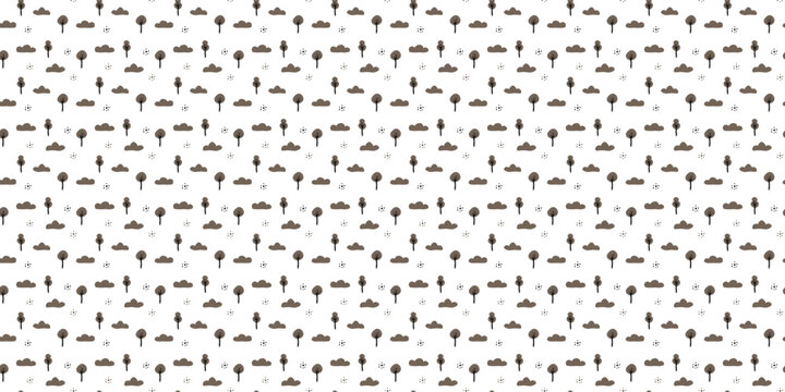 Cute nature seamless pattern with minimalist trees and clouds. Scandinavian style repeating pattern