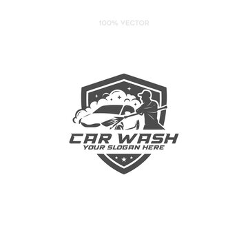 Professional Car Wash Service Logo with Shield Emblem and Worker Spraying Water. Vector Illustration