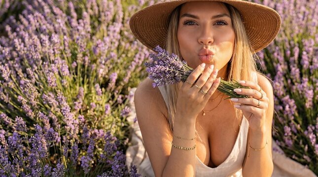 Woman in a hat in a lavender field making a kissy face