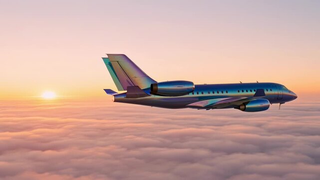 A sleek, blue private jet soars gracefully above a sea of clouds during a vibrant sunset, showcasing luxury travel and aerial views.