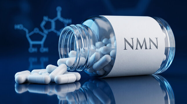 Premium NMN supplement capsules spilling from a glass bottle onto a dark blue reflective surface. molecule silhouette background, biohacking and longevity concept
