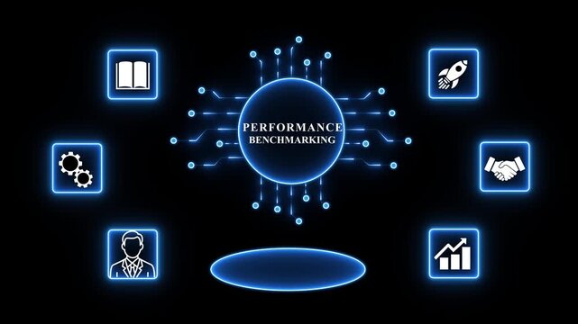 Central glowing circle with PERFORMANCE BENCHMARKING surrounded by connected 4k icons representing business concepts .4k animation.or motion video.