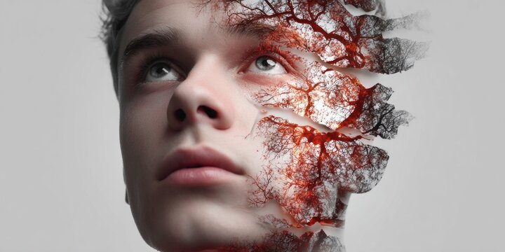 Man's face dissolving into a tree, symbolizing inner thoughts and fragmented identity
