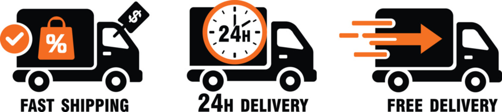 Fast shipping 24h delivery and free delivery logistics icon set with truck clock and arrow vector illustration