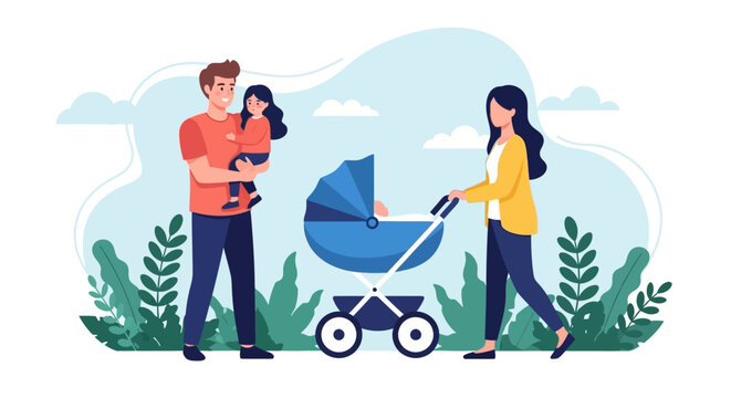Family, parents, and baby stroller, vector illustration, blue and green, outdoors, happy family, baby carriage