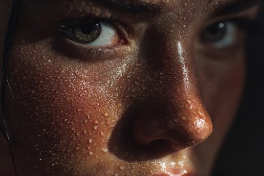 Close-up of a sweaty face, intense gaze and moisture on skin, dark mood
