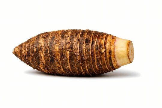 Professional studio photograph of a whole taro root isolated on a white background. This high quality image is suitable for ethnic food catalogs and traditional root vegetable marketing.