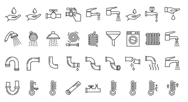 Plumbing icons, pipe symbols, water faucet graphics, 40 black line icons