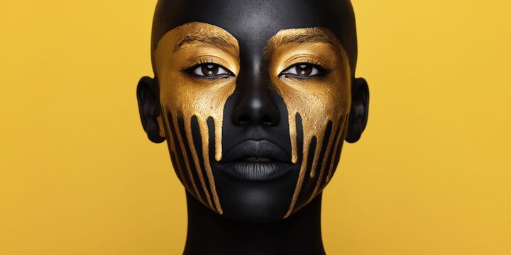 Striking portrait of an African American woman with bold black and gold face paint