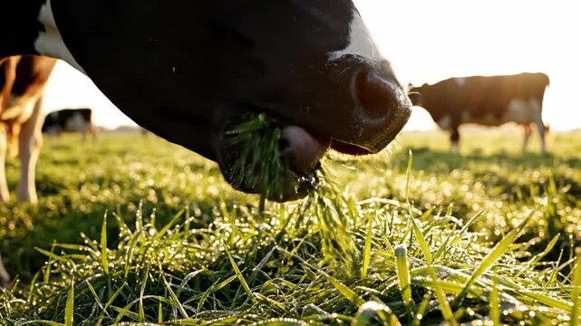 A dairy cow with black and white markings eagerly munches on lush green grass in a sunlit countryside pasture, a bovine herd grazes peacefully in the distance during golden hour, highlighting