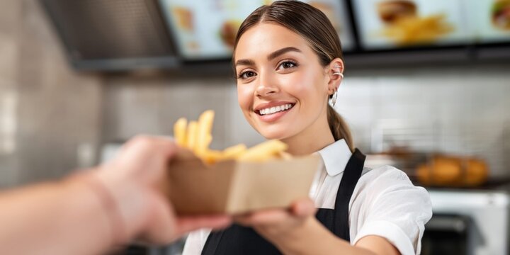 Smiling fast food worker hands a box of french fries to a customer at the counter