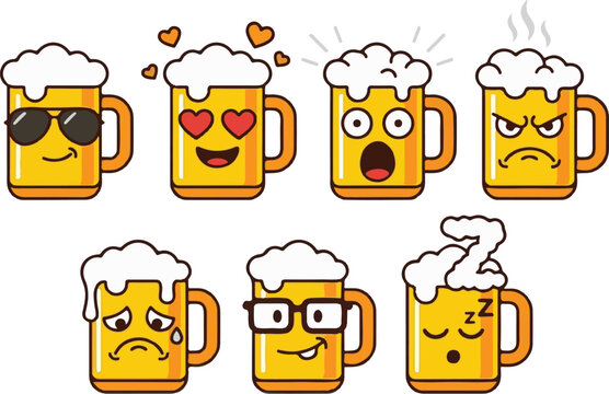 Cute beer glass cartoon character mascot set, funny beer mug collection with various emotions and expressions, flat vector illustration of alcoholic drink emojis, kawaii beer glass icon set for brewer