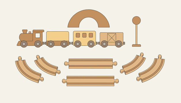 Wooden train track set, brown toy train, railway elements, vector icons