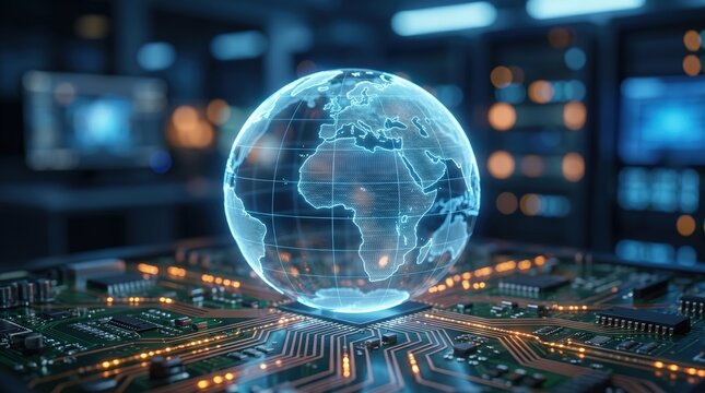 Glowing digital globe hologram on a motherboard circuit board, global connectivity and digital transformation concept, 3D render for technology and cloud computing banner.