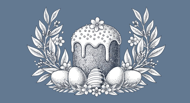 Easter cake, icing, eggs, floral wreath, vector illustration, holiday baking, springtime dessert, blue background