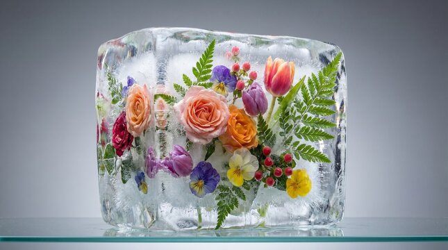 Frozen flowers trapped inside clear ice block studio shot