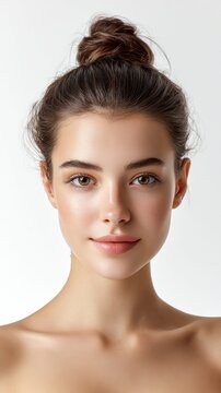 Beautiful young woman with natural skin and hair tied up in a bun