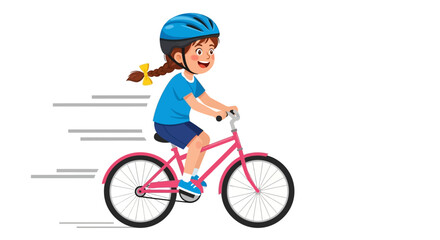 Fototapeta premium Vector girl riding pink bicycle, motion blur, cartoon kid cycling fast, active child on bike