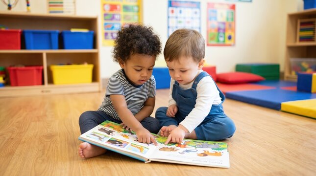 Two diverse toddlers reading a picture book in a bright classroom, early childhood education and friendship concept, preschool children learning.