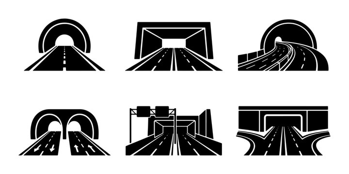 Road Tunnel Icons, Highway Entrance and Exit Vector Graphics, Transportation and Infrastructure Symbols