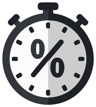 Stopwatch icon with percentage symbol representing discount and offer concept.