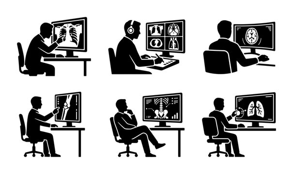 Doctor reviewing medical scans on computer screens