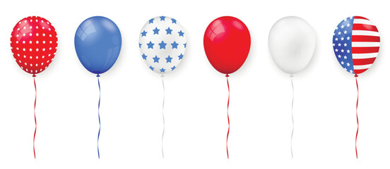 4th of July independence day balloons isolated on white background. Patriotic striped and starry balloons of holidays and parties. © fad82