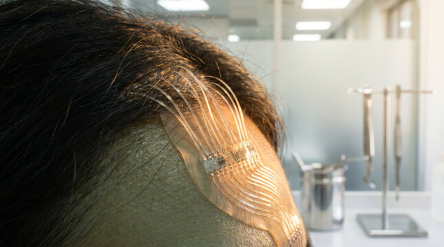 Close detail of a translucent electrode array pressed against a human scalp, golden hour light catching each filament, scientific yet intima