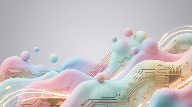 abstract pastel wave and circuit board pattern with golden lines 3d render