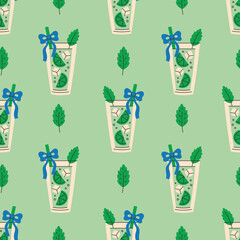 Mojito Seamless Pattern. Vintage Refreshment Cocktail with Mint Leaf Straw and Coquette Bow. Green Summer Drink Glass Background. Flat vector illustration © Marina