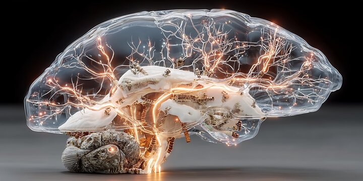 Human brain cross section with glowing neural network connections