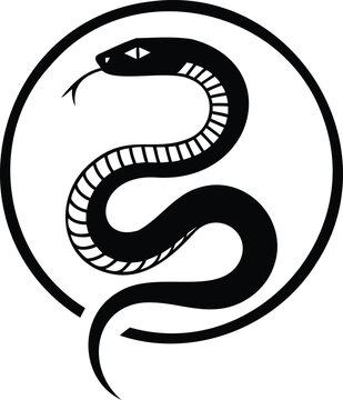 Black snake curled around in a circle symbol logo design element isolated on white background
