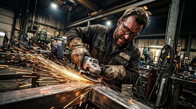 Grinding metal in a workshop