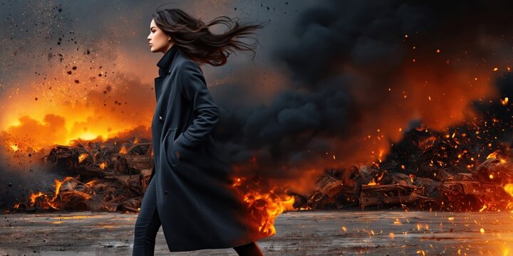 Woman walks through a fiery scene of destruction with smoke and debris