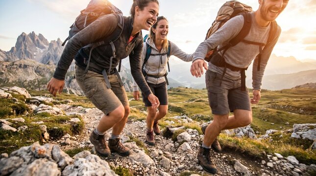 Three hikers ascend a rocky mountain trail at sunset, laughing and enjoying the view.