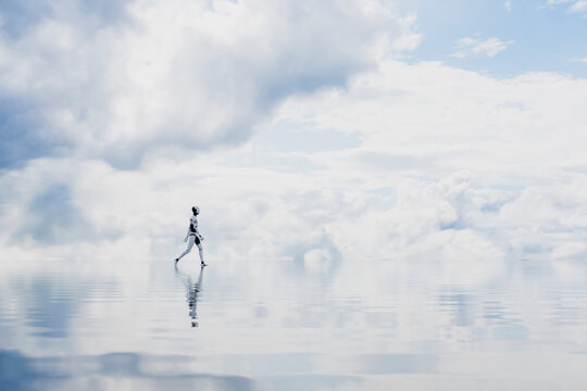 3D robot sky reflection across a clouded mirror horizon