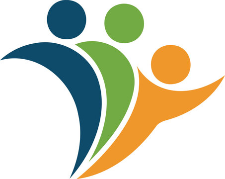 Colorful human figure teamwork logo with three people arms raised in unity and cooperation