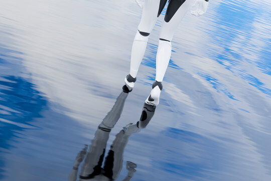 3D robot stride reflection on a blurred blue water plane