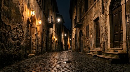 Obraz premium Ancient Roman Alleyway at Night with Lantern Light and Historic European Atmosphere
