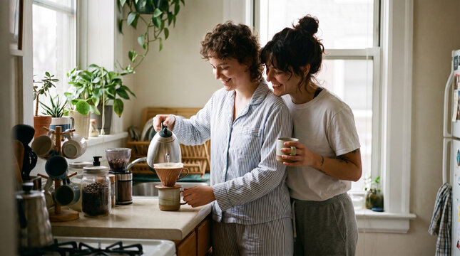 authentic queer domestic life with lesbian couple in pajamas making coffee together in ordinary kitchen showing natural candid affection
