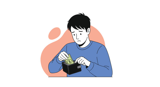 Sad young man looks into his black wallet and finds it empty of money during a period of financial difficulty.