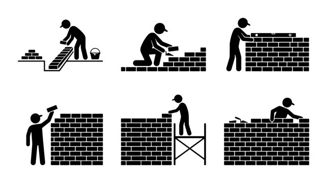 Construction worker building brick wall icon set