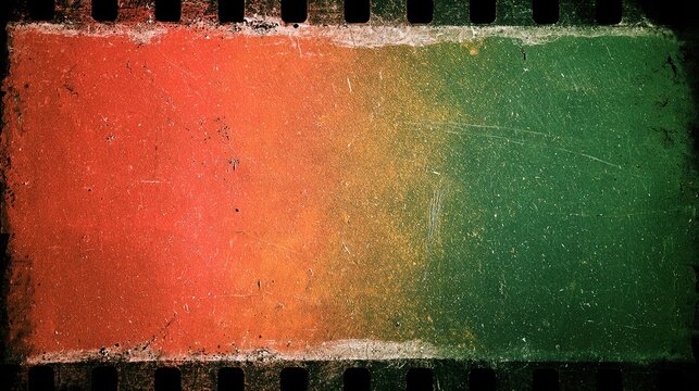 Retro analog vintage film grain texture backdrop with red‑to‑green color transition, worn surface marked by scratches, dust and imperfections, dark rectangular film perforations along top and bottom e