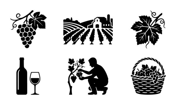 Vineyard Icons: Grapes, Wine, Farming, Harvest