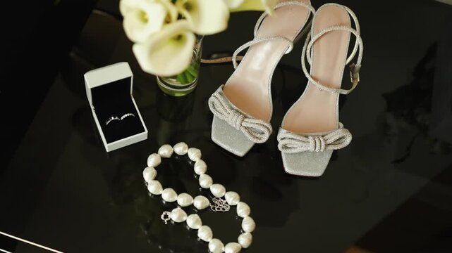 Bridal wedding shoes with sparkling bow, pearl necklace and wedding rings in box on table. Beautiful bride morning details concept with white calla lilies flowers on dark glossy background in 4k slow