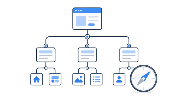 Schematic website sitemap flowchart with a navigation compass icon on white background, concept of web architecture planning, user experience design, digital hierarchy, and site direction.