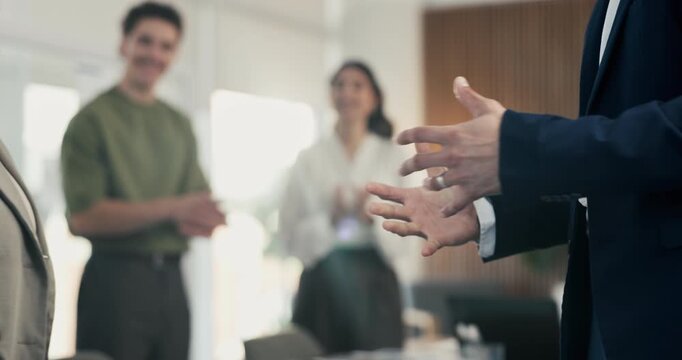 Business people, handshake and applause with team at office meeting, thanks or goal at finance agency. Group, shaking hands and celebration with promotion, success or onboarding at investment company