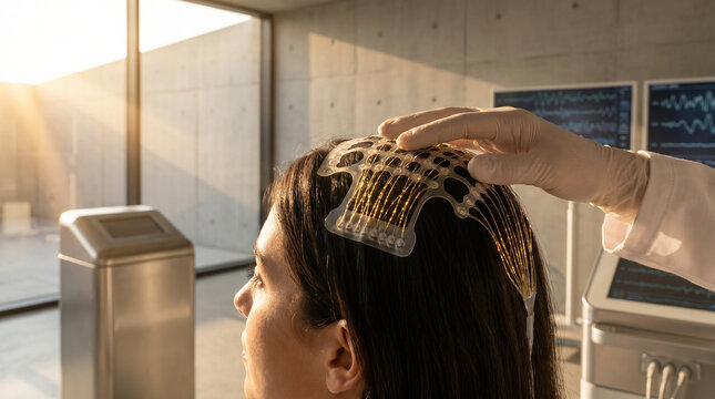 Close detail of a translucent electrode array pressed against a human scalp, golden hour light catching each filament, scientific yet intima 2