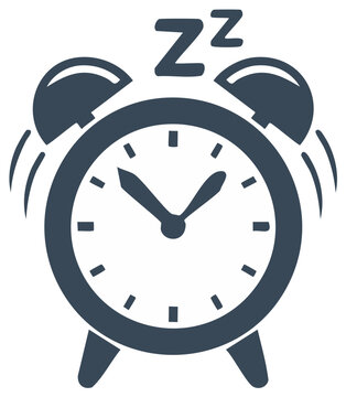 Minimalist icon of a classic alarm clock ringing loudly with Zz above indicating wake up or morning